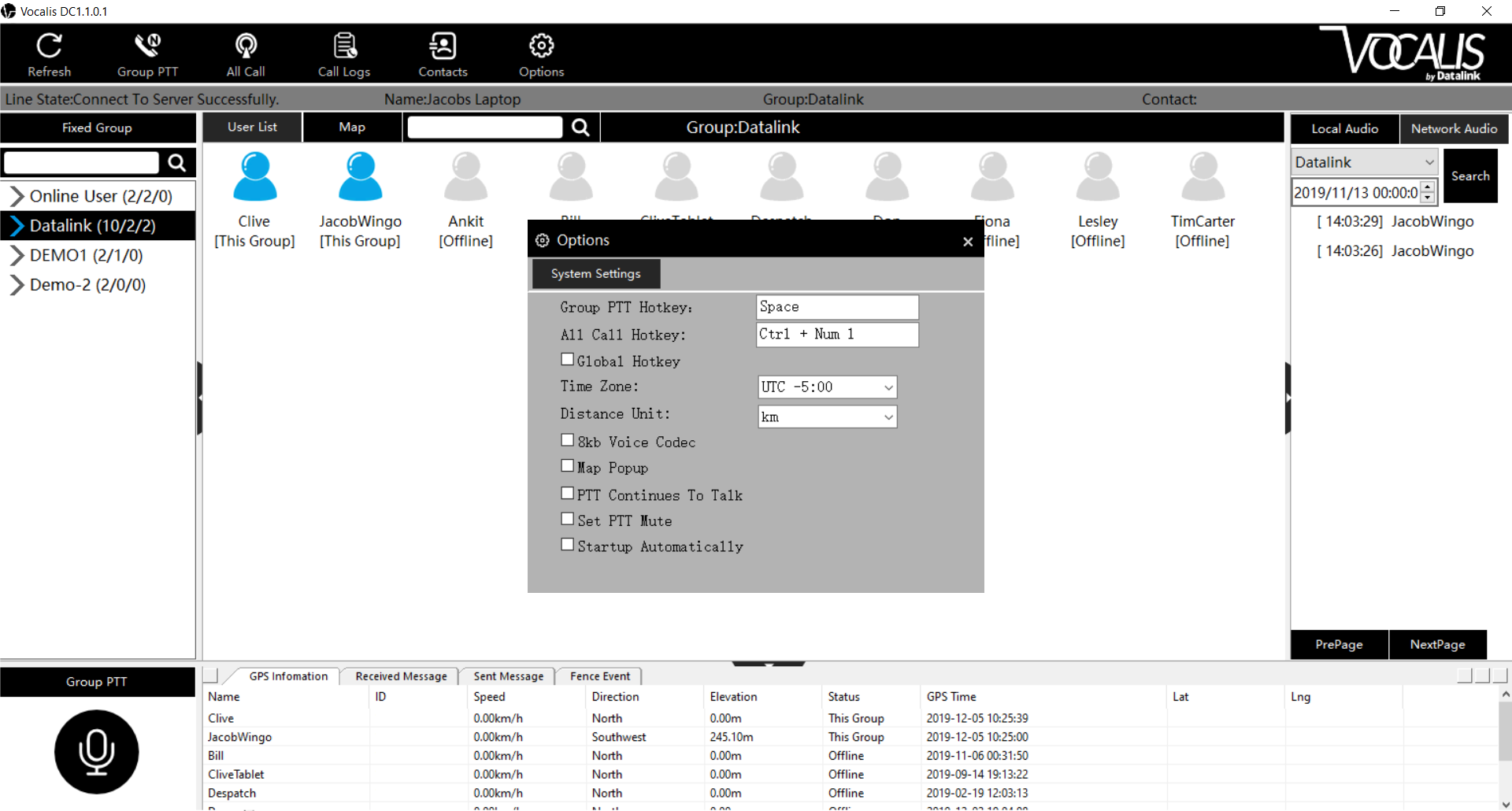 Vocalis DC dispatch console screenshot of options menu